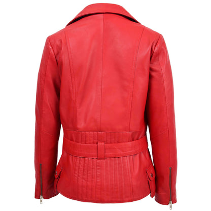 Womens Leather Hip Length Biker Jacket Celia Red - genuine leather jacket in red with four outer pockets