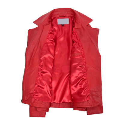 Womens Leather Hip Length Biker Jacket Celia Red - genuine leather jacket in red with biker