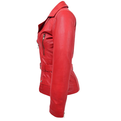 Womens Leather Hip Length Biker Jacket Celia Red - genuine leather jacket in red with hip length