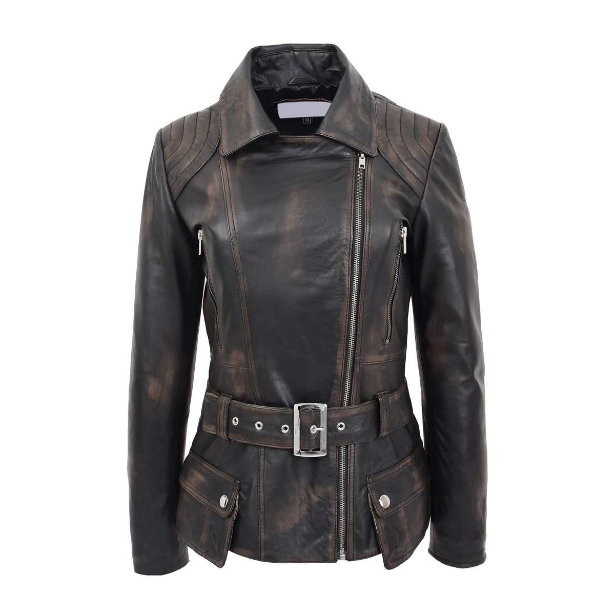 Womens Leather Hip Length Biker Jacket Celia Rub Off - genuine leather jacket with biker