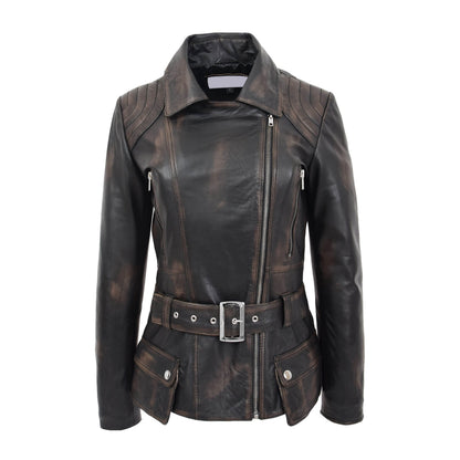 Womens Leather Hip Length Biker Jacket Celia Rub Off - genuine leather jacket with biker
