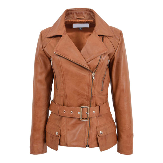 Womens Leather Hip Length Biker Jacket Celia Tan - genuine leather jacket in tan with four outer pockets