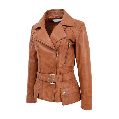 Womens Leather Hip Length Biker Jacket Celia Tan - genuine leather jacket in tan with hip length