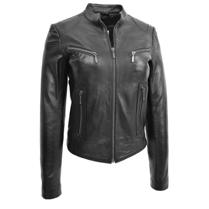 Womens Leather Standing Collar Jacket Becky Black - genuine leather jacket in black with four outer pockets