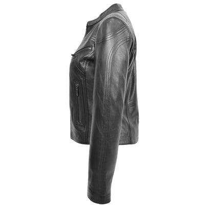 Womens Leather Standing Collar Jacket Becky Black - genuine leather jacket in black with four outer pockets