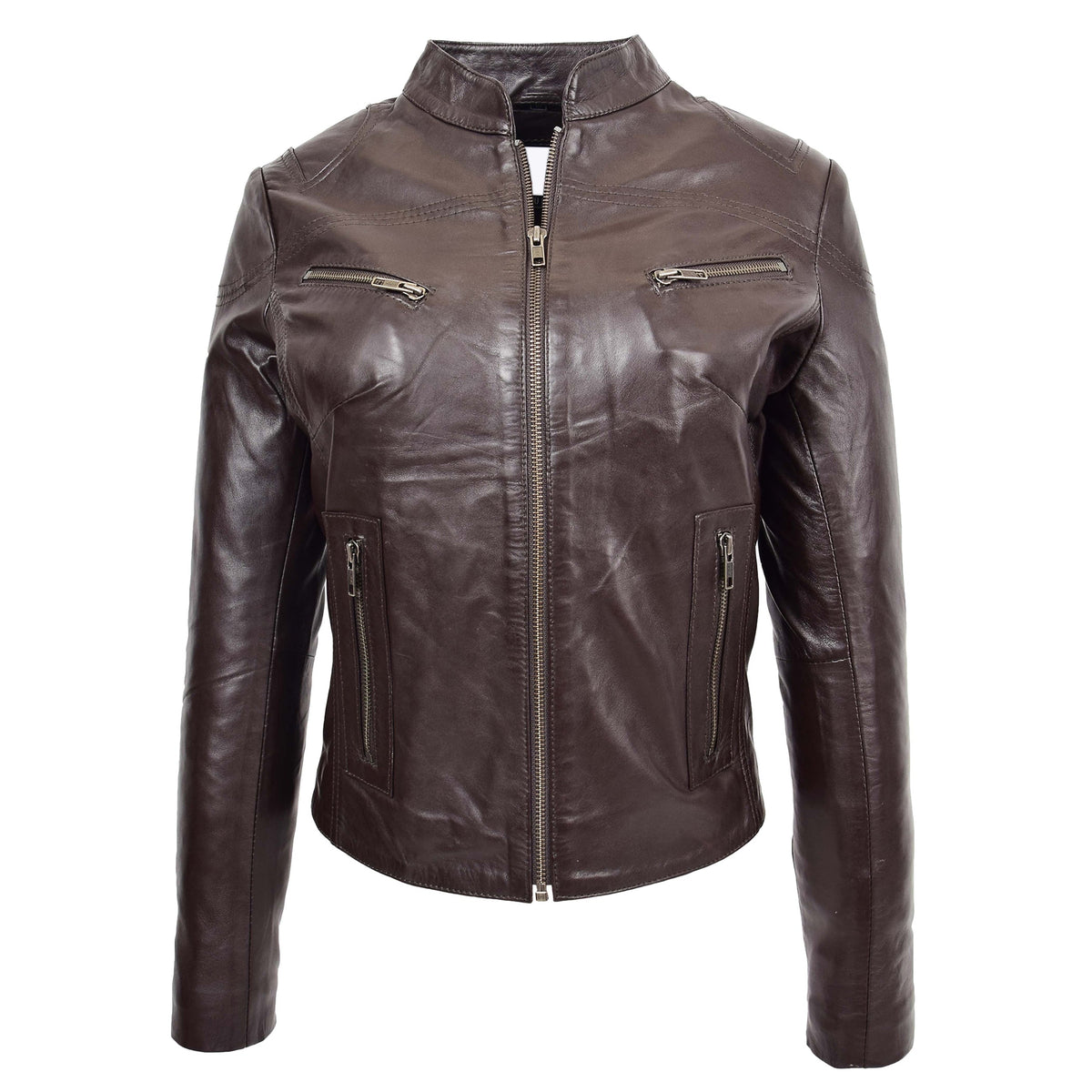 Womens Leather Standing Collar Jacket Becky Brown - genuine leather jacket in brown with four outer pockets