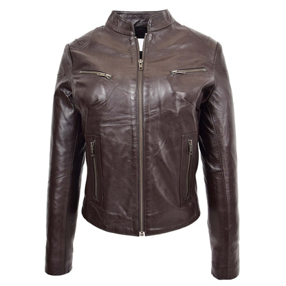Womens Leather Standing Collar Jacket Becky Brown - genuine leather jacket in brown with four outer pockets