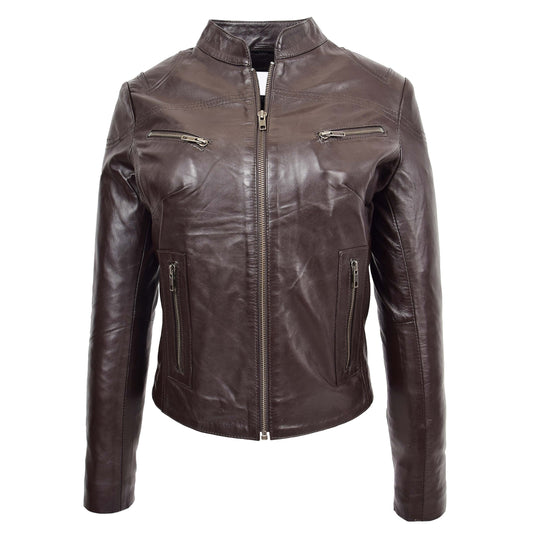 Womens Leather Standing Collar Jacket Becky Brown - genuine leather jacket in brown with four outer pockets