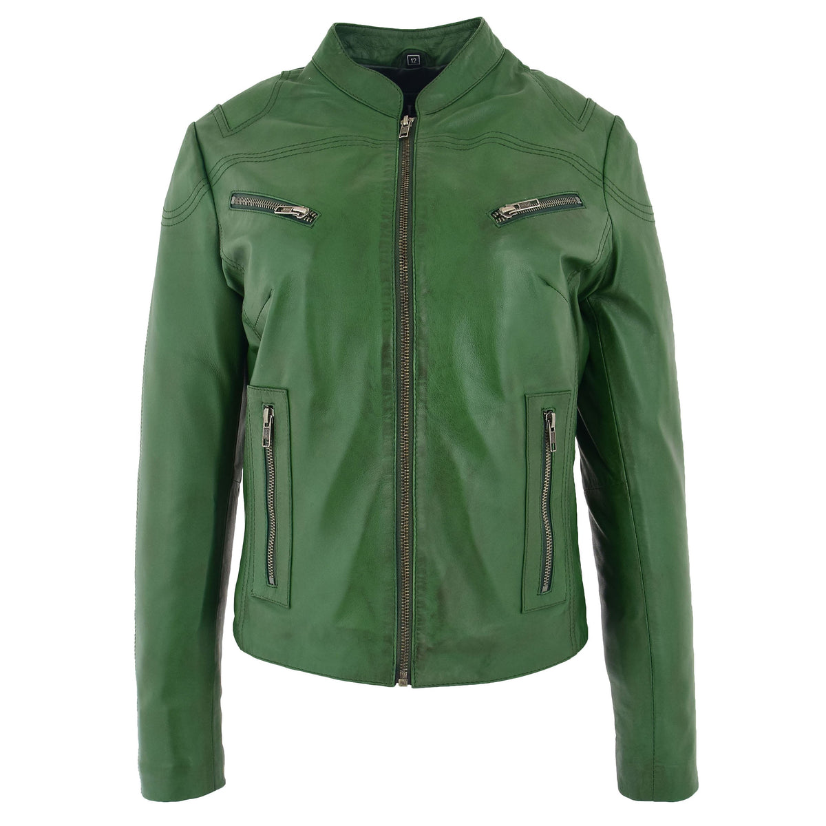 Womens Leather Standing Collar Jacket Becky Green - genuine leather jacket in green with four outer pockets