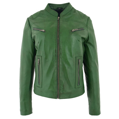 Womens Leather Standing Collar Jacket Becky Green - genuine leather jacket in green with four outer pockets