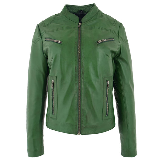 Womens Leather Standing Collar Jacket Becky Green - genuine leather jacket in green with four outer pockets