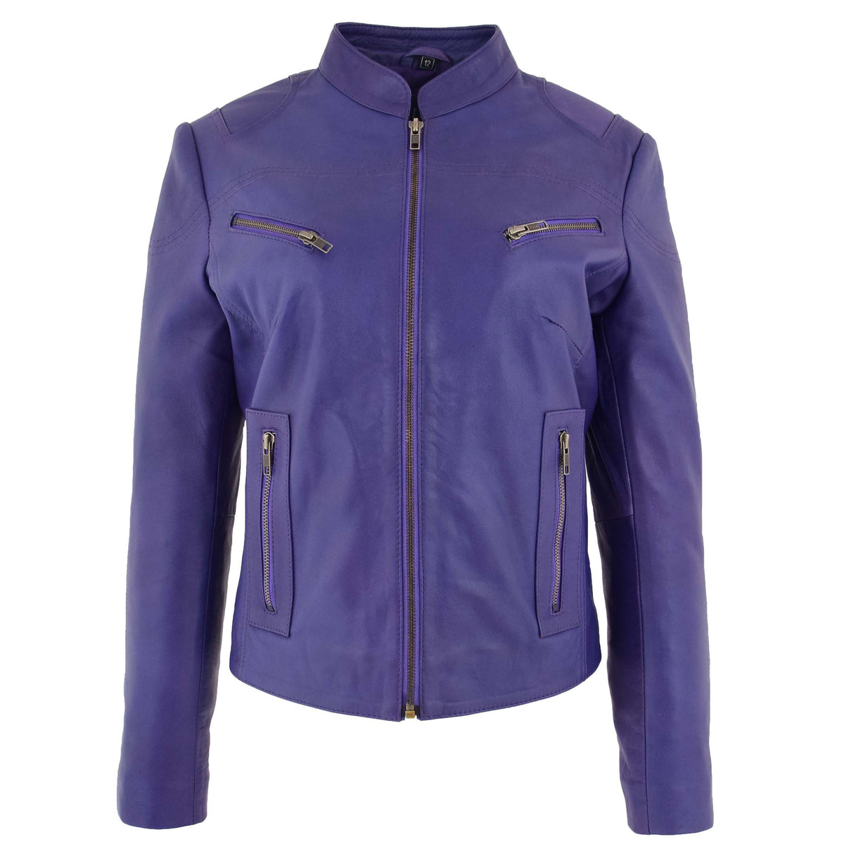Womens Leather Standing Collar Jacket Becky Purple - genuine leather jacket in purple with four outer pockets