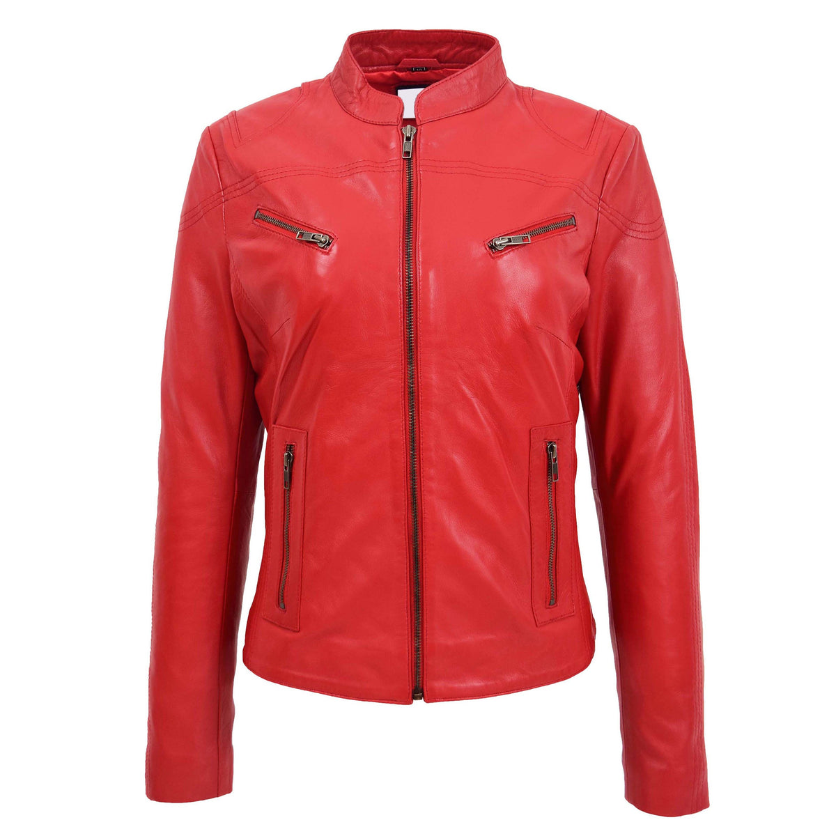 Womens Leather Standing Collar Jacket Becky Red - genuine leather jacket in red with four outer pockets