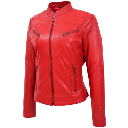 Womens Leather Standing Collar Jacket Becky Red - genuine leather jacket in red with four outer pockets