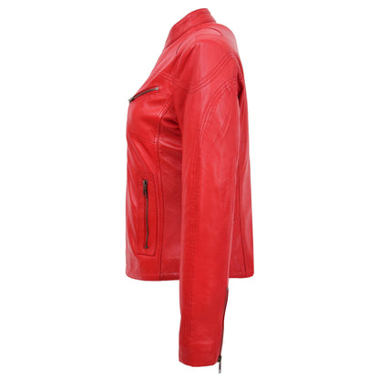 Womens Leather Standing Collar Jacket Becky Red - genuine leather jacket in red with four outer pockets