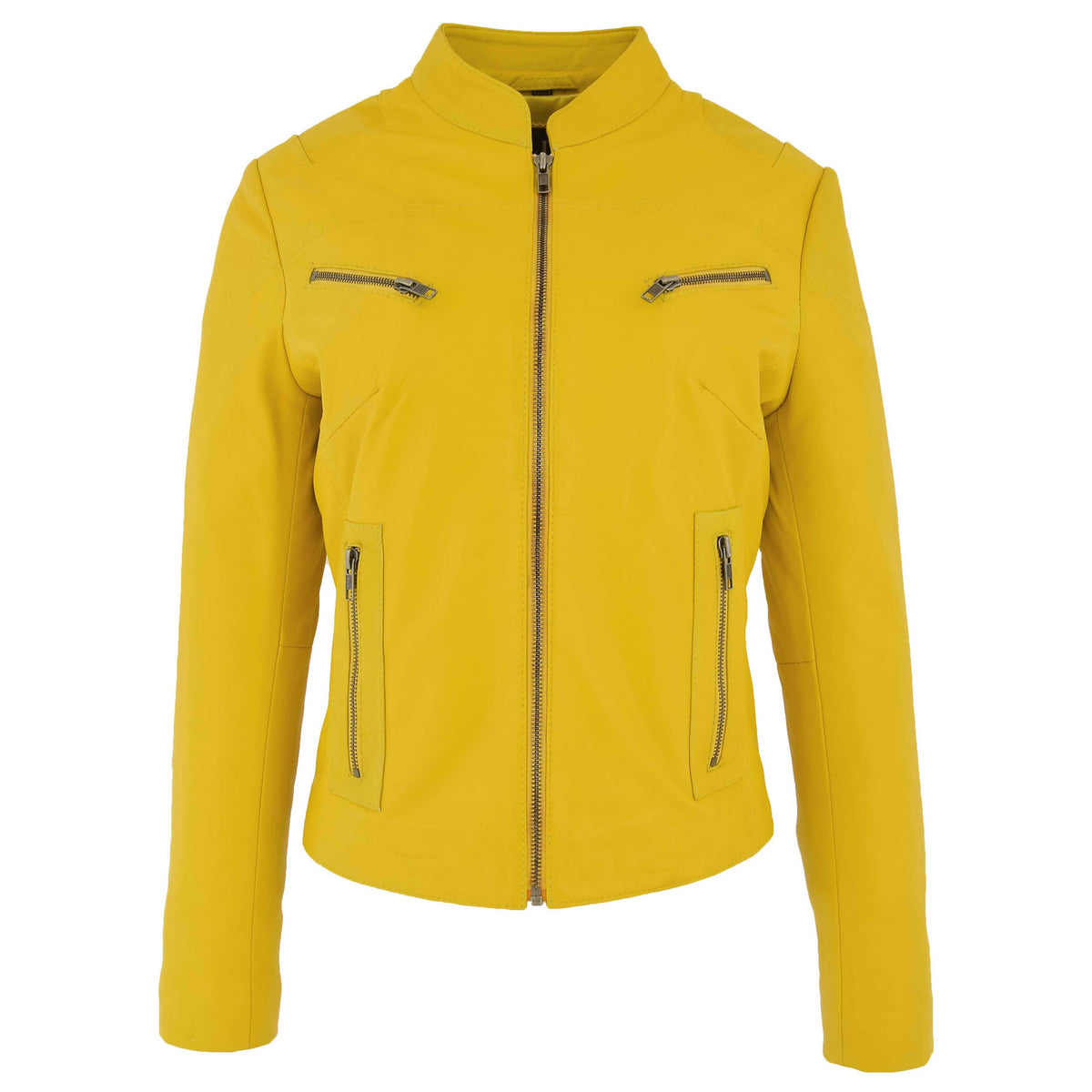 Womens Leather Standing Collar Jacket Becky Yellow - genuine leather jacket in yellow with four outer pockets