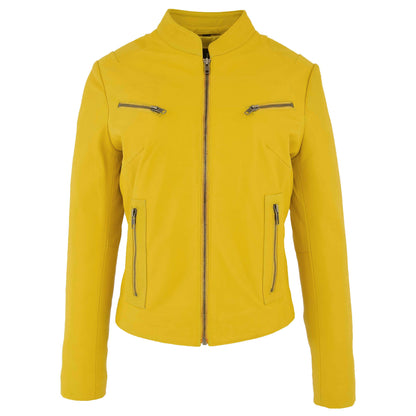 Womens Leather Standing Collar Jacket Becky Yellow - genuine leather jacket in yellow with four outer pockets
