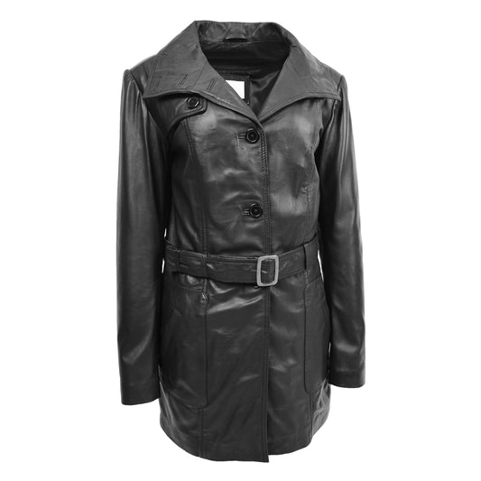 Womens Leather Trench Coat with Belt Shania Black - genuine leather coat in black with trench