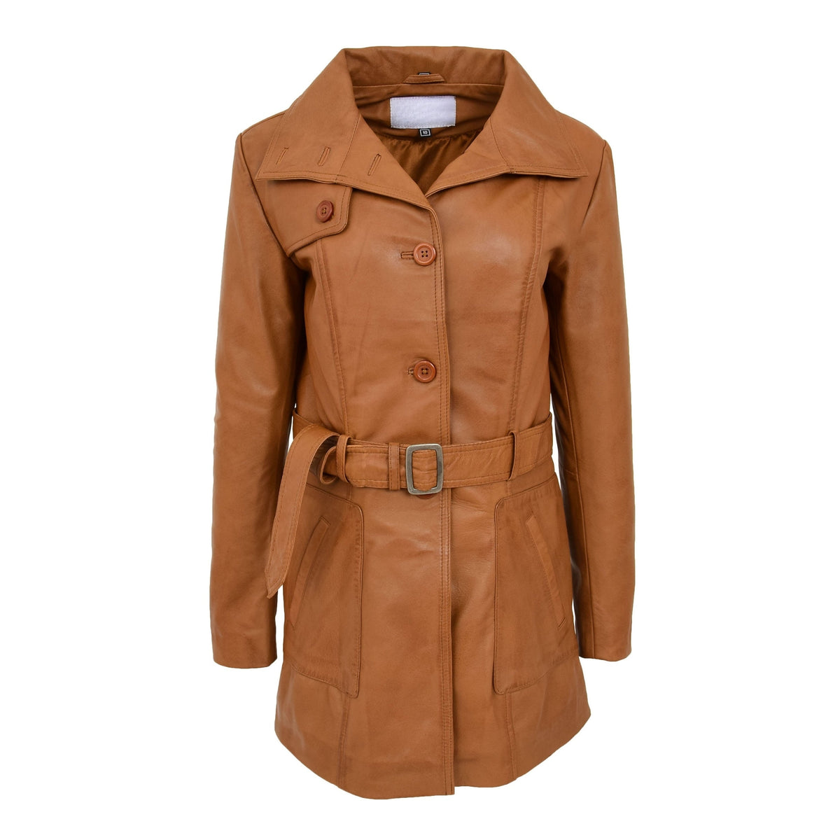 Womens Leather Trench Coat with Belt Shania Tan - genuine leather coat in tan with two outer pockets