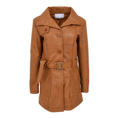 Womens Leather Trench Coat with Belt Shania Tan - genuine leather coat in tan with two outer pockets