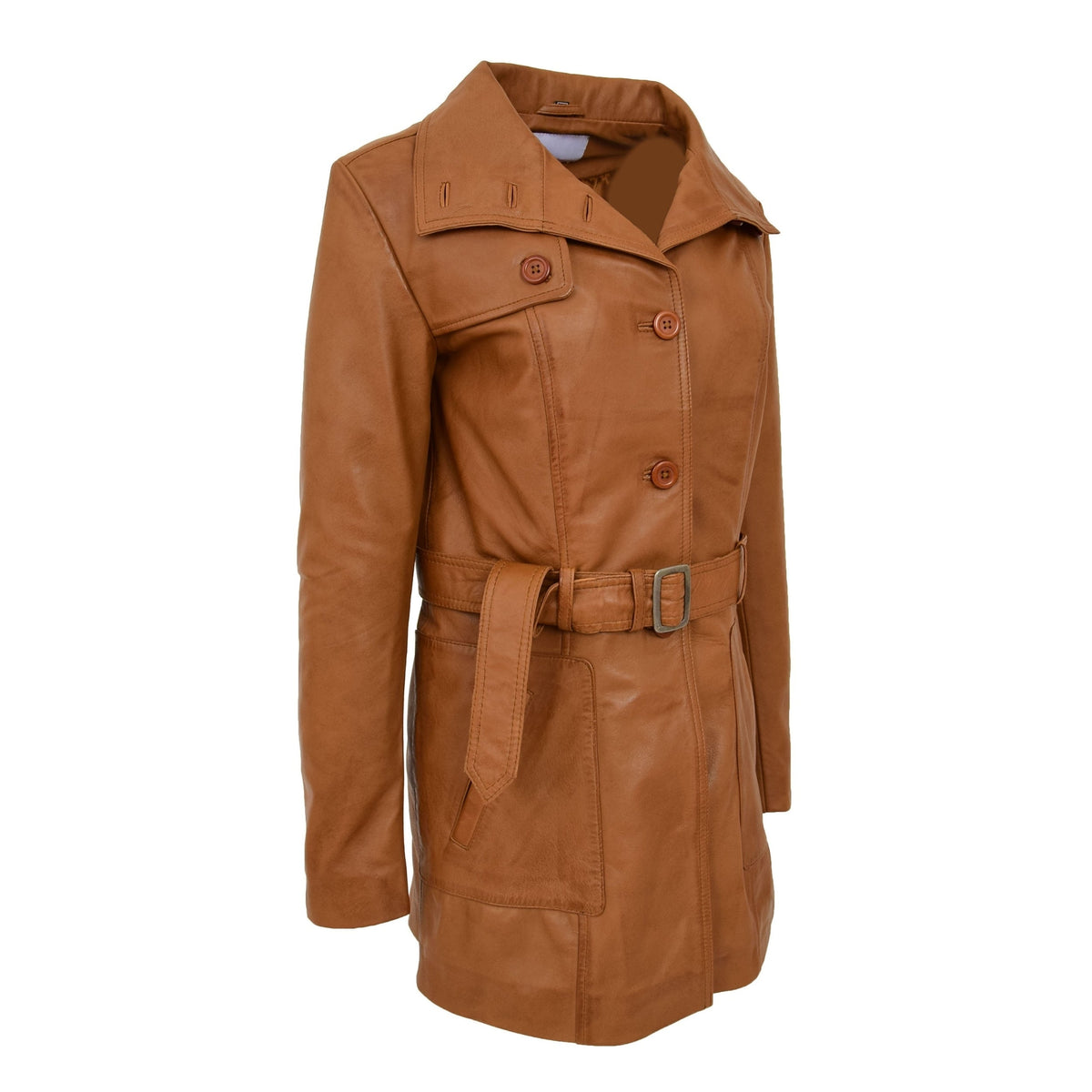 Womens Leather Trench Coat with Belt Shania Tan - genuine leather coat in tan with trench