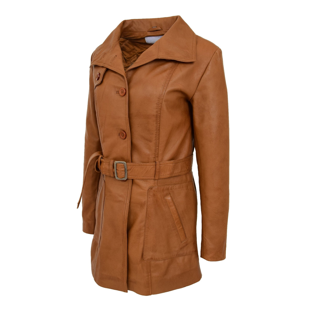 Womens Leather Trench Coat with Belt Shania Tan - genuine leather coat in tan with two outer pockets