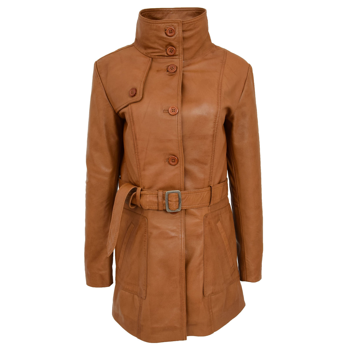 Womens Leather Trench Coat with Belt Shania Tan - genuine leather coat in tan with trench