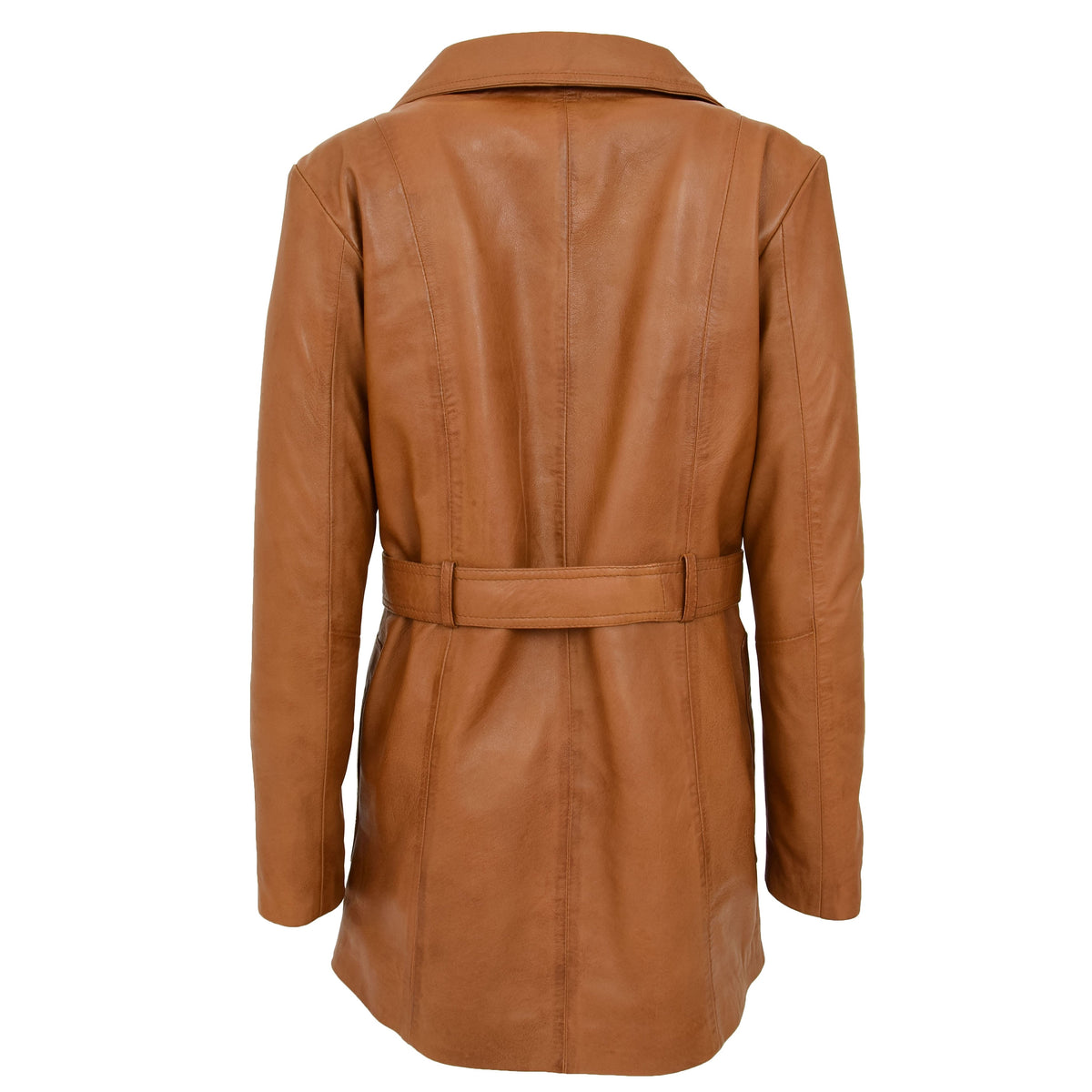 Womens Leather Trench Coat with Belt Shania Tan - genuine leather coat in tan with two outer pockets