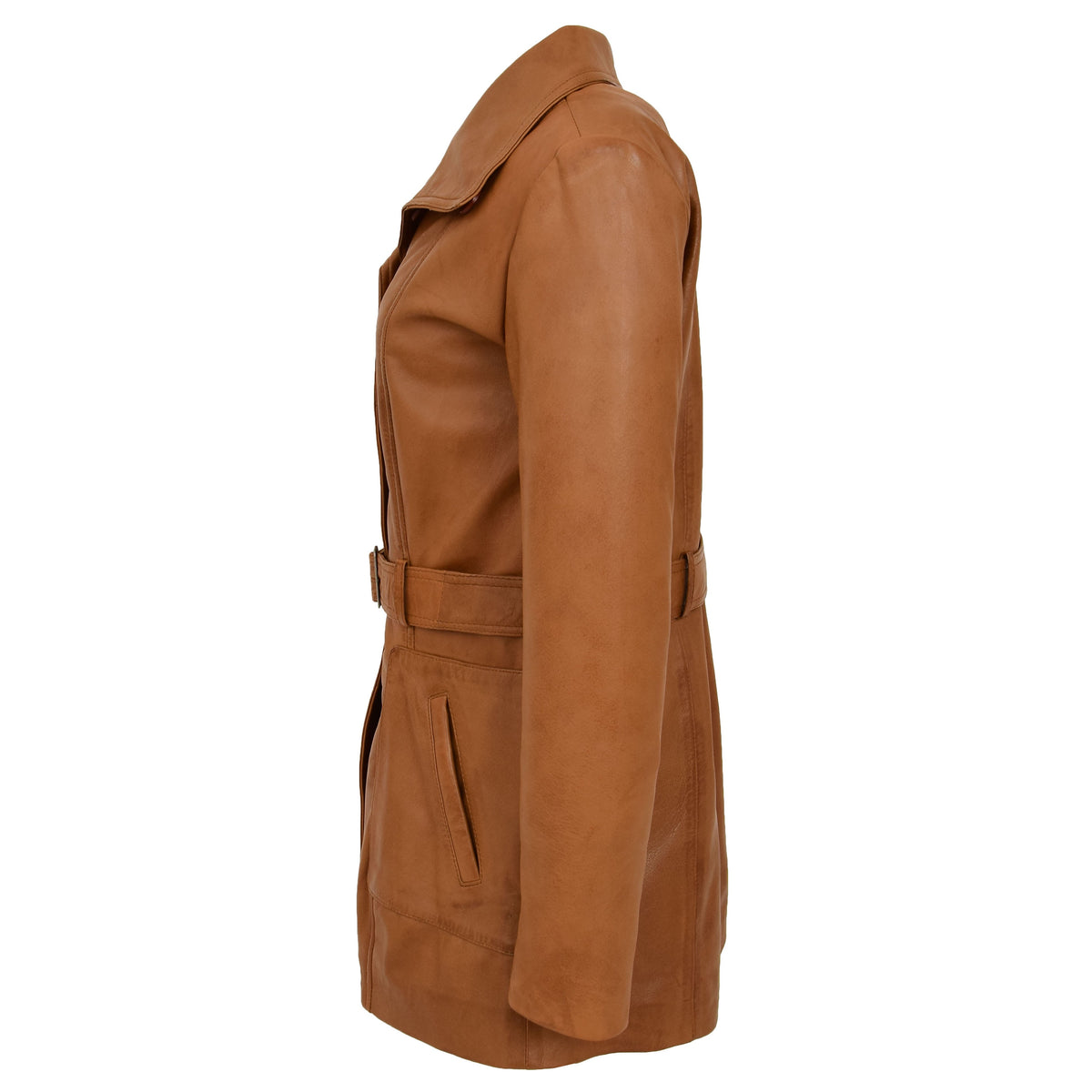 Womens Leather Trench Coat with Belt Shania Tan - genuine leather coat in tan with trench