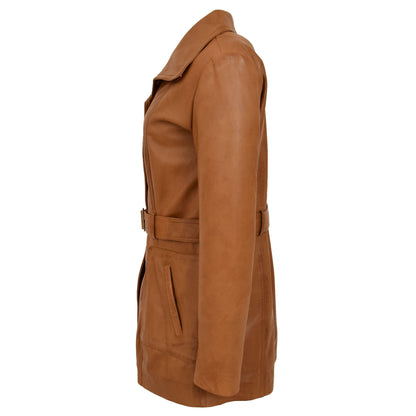 Womens Leather Trench Coat with Belt Shania Tan - genuine leather coat in tan with trench