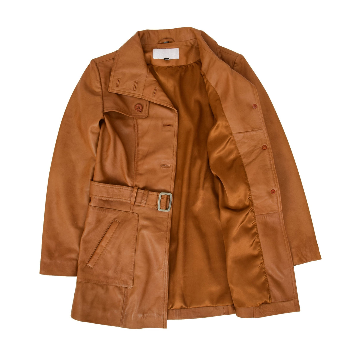 Womens Leather Trench Coat with Belt Shania Tan - genuine leather coat in tan with two outer pockets