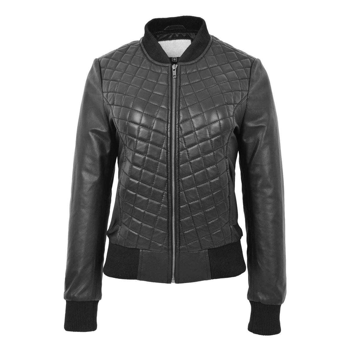 Womens Leather Varsity Quilted Bomber Jacket Sally Black - genuine leather jacket in black with two outer pockets