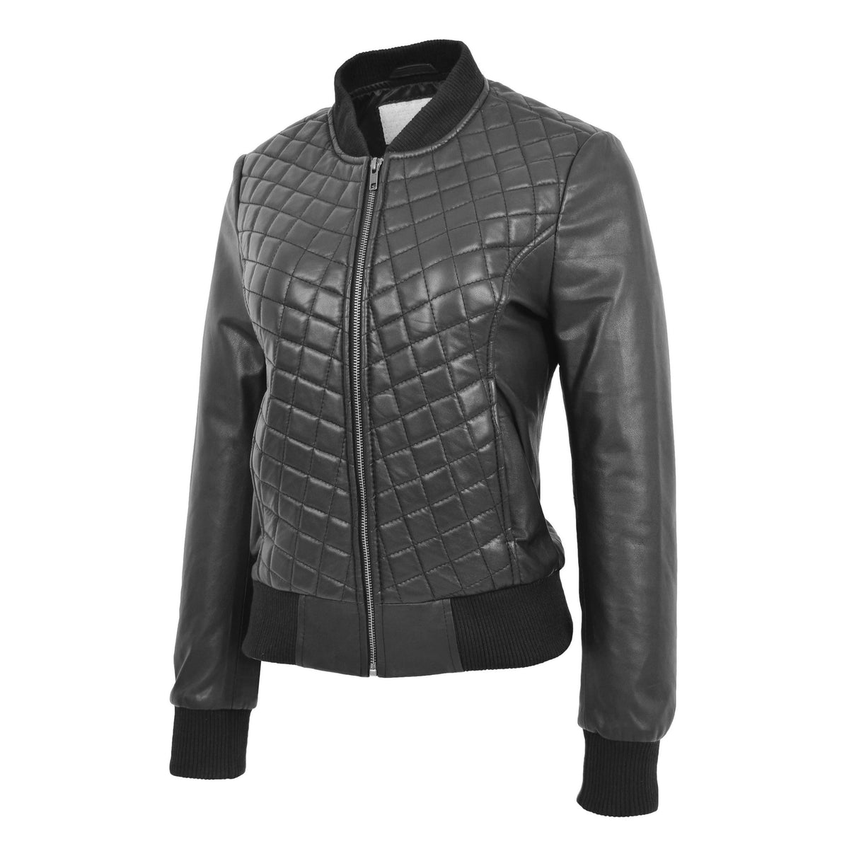 Womens Leather Varsity Quilted Bomber Jacket Sally Black - genuine leather jacket in black with quilted