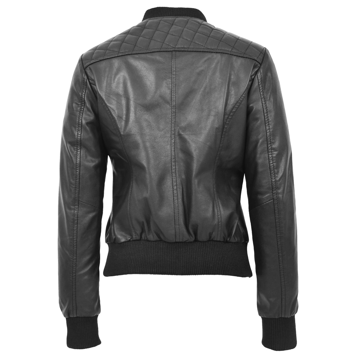 Womens Leather Varsity Quilted Bomber Jacket Sally Black - genuine leather jacket in black with bomber