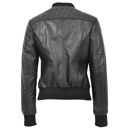 Womens Leather Varsity Quilted Bomber Jacket Sally Black - genuine leather jacket in black with bomber