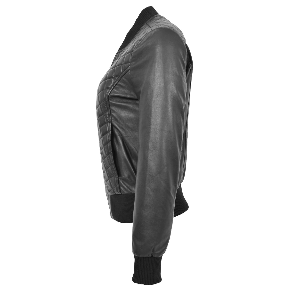 Womens Leather Varsity Quilted Bomber Jacket Sally Black - genuine leather jacket in black with varsity