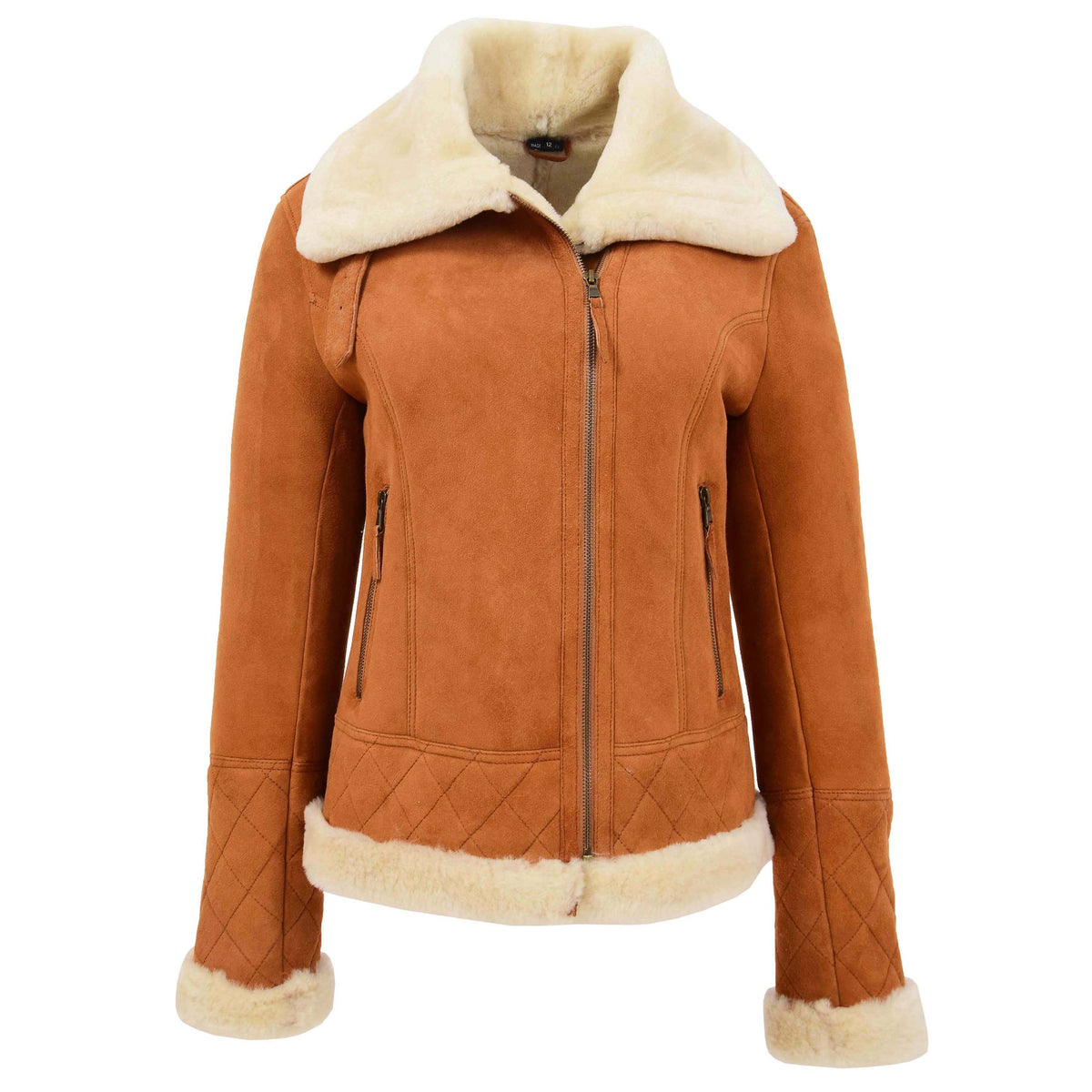 Womens Merino Sheepskin Aviator Jacket Isabelle Tan - genuine sheepskin jacket in tan with two outer pockets