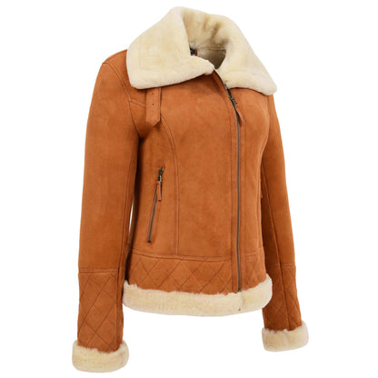 Womens Merino Sheepskin Aviator Jacket Isabelle Tan - genuine sheepskin jacket in tan with two outer pockets