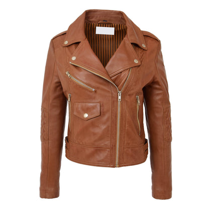 Womens Real Leather Biker Cross Zip Fashion Jacket Remi Tan - genuine leather jacket in tan with cross zip