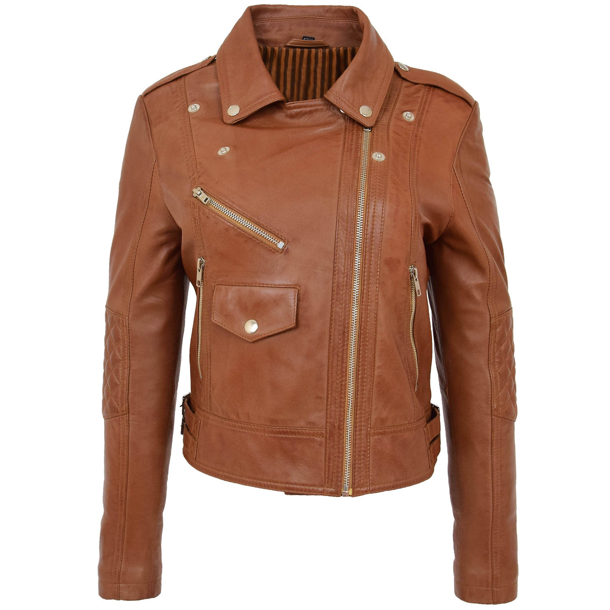 Womens Real Leather Biker Cross Zip Fashion Jacket Remi Tan - genuine leather jacket in tan with biker