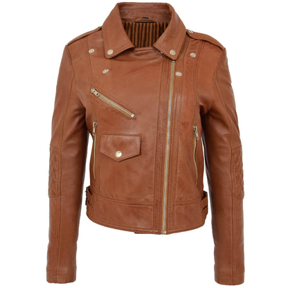 Womens Real Leather Biker Cross Zip Fashion Jacket Remi Tan - genuine leather jacket in tan with biker