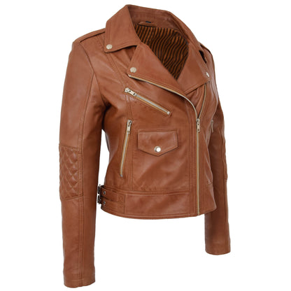 Womens Real Leather Biker Cross Zip Fashion Jacket Remi Tan - genuine leather jacket in tan with cross zip