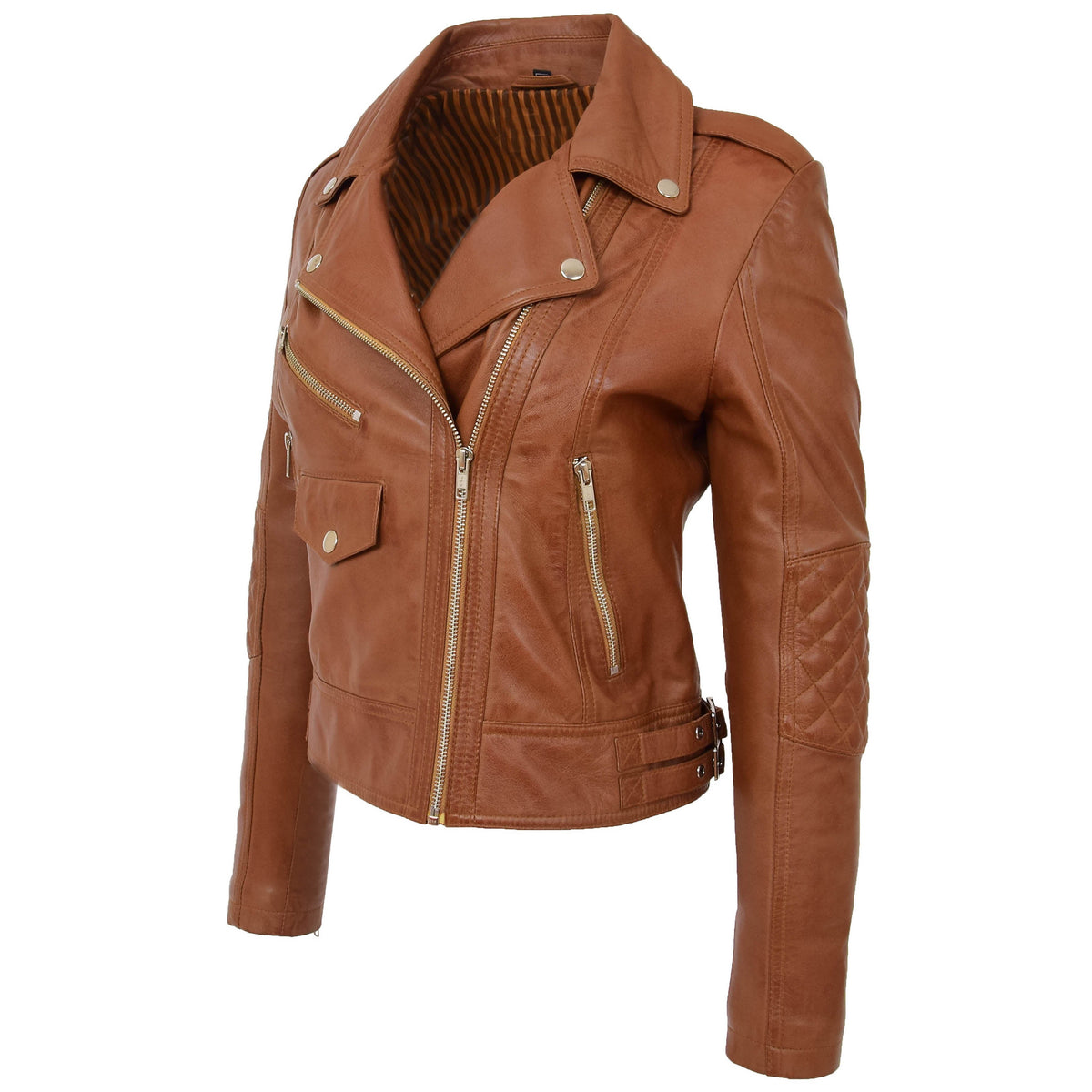 Womens Real Leather Biker Cross Zip Fashion Jacket Remi Tan - genuine leather jacket in tan with biker