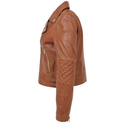 Womens Real Leather Biker Cross Zip Fashion Jacket Remi Tan - genuine leather jacket in tan with cross zip