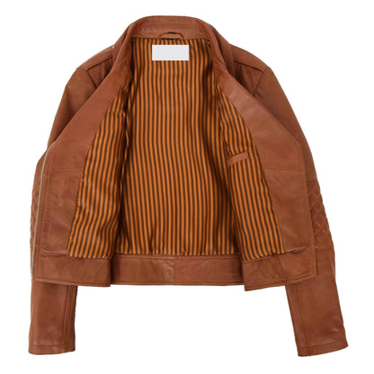 Womens Real Leather Biker Cross Zip Fashion Jacket Remi Tan - genuine leather jacket in tan with biker