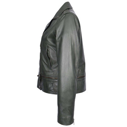 Womens Real Leather Biker Jacket 2-in-1 Cropped Style Bianca Green - genuine leather jacket in green with biker