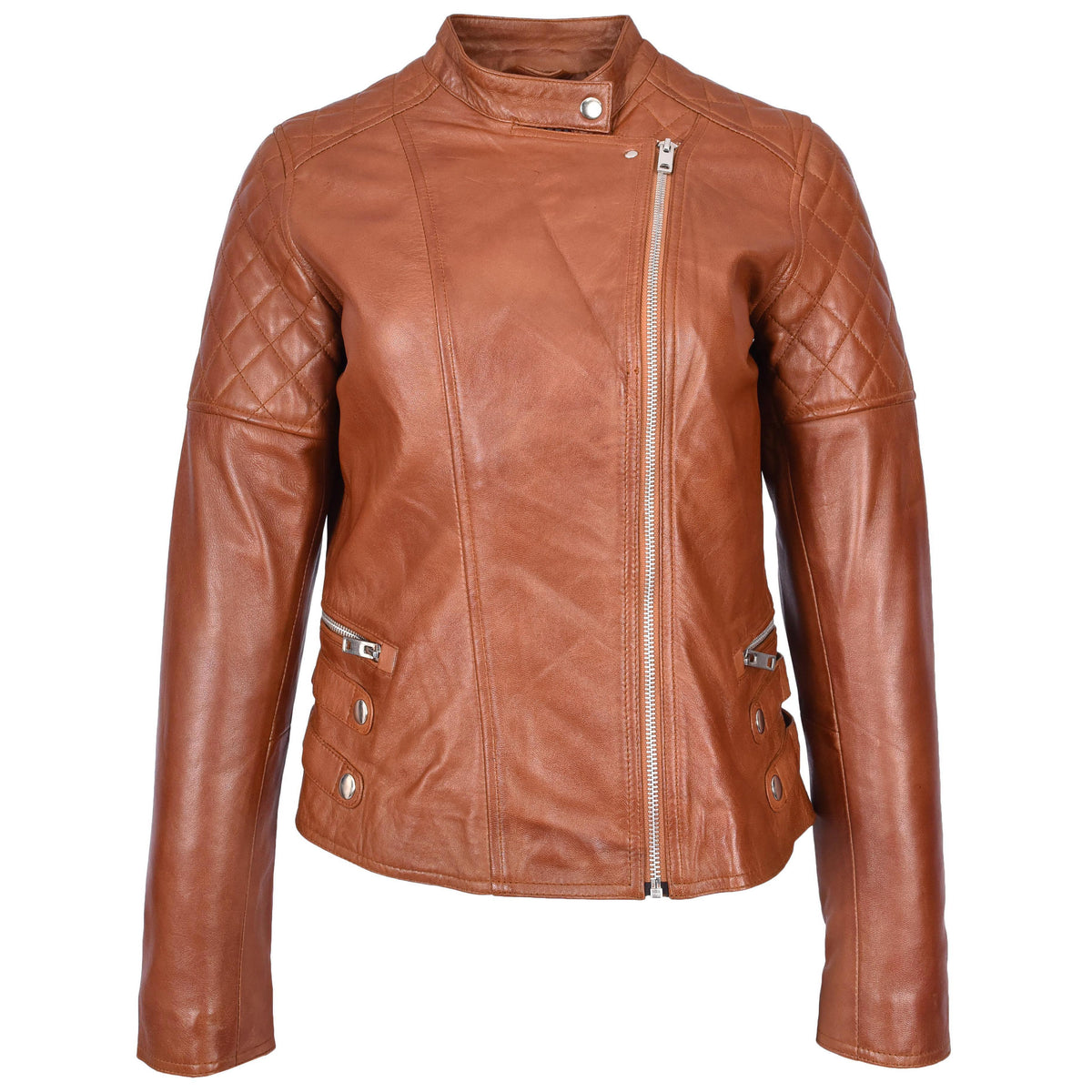 Womens Real Leather Biker Jacket Classic Cross Zip Style Molly Chestnut Tan - genuine leather jacket in tan with crafted from luxurious sheep nappa leather