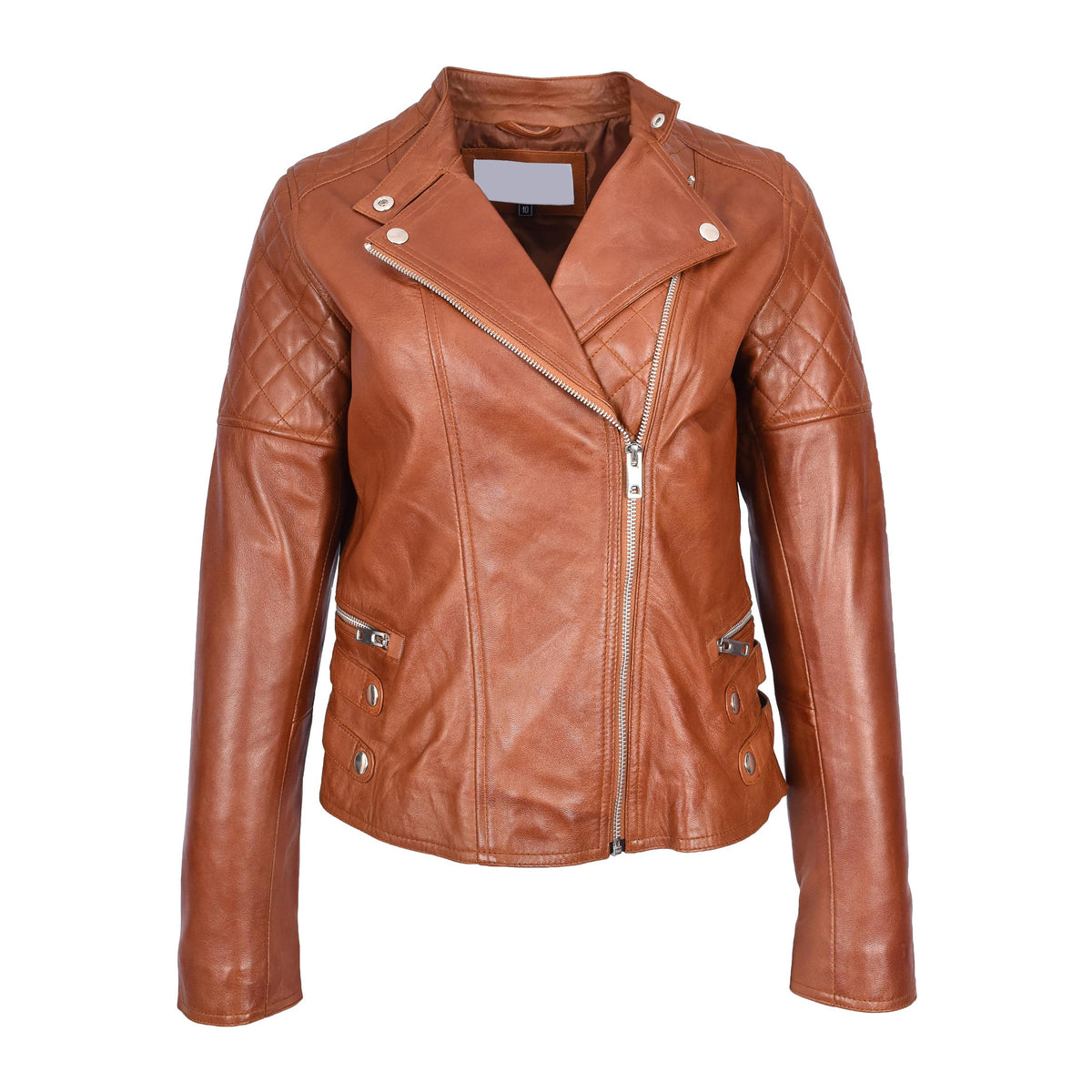 Womens Real Leather Biker Jacket Classic Cross Zip Style Molly Chestnut Tan - genuine leather jacket in tan with asymmetrical cross-zip front fastening for a classic biker-inspired look