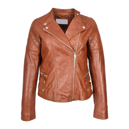 Womens Real Leather Biker Jacket Classic Cross Zip Style Molly Chestnut Tan - genuine leather jacket in tan with asymmetrical cross-zip front fastening for a classic biker-inspired look