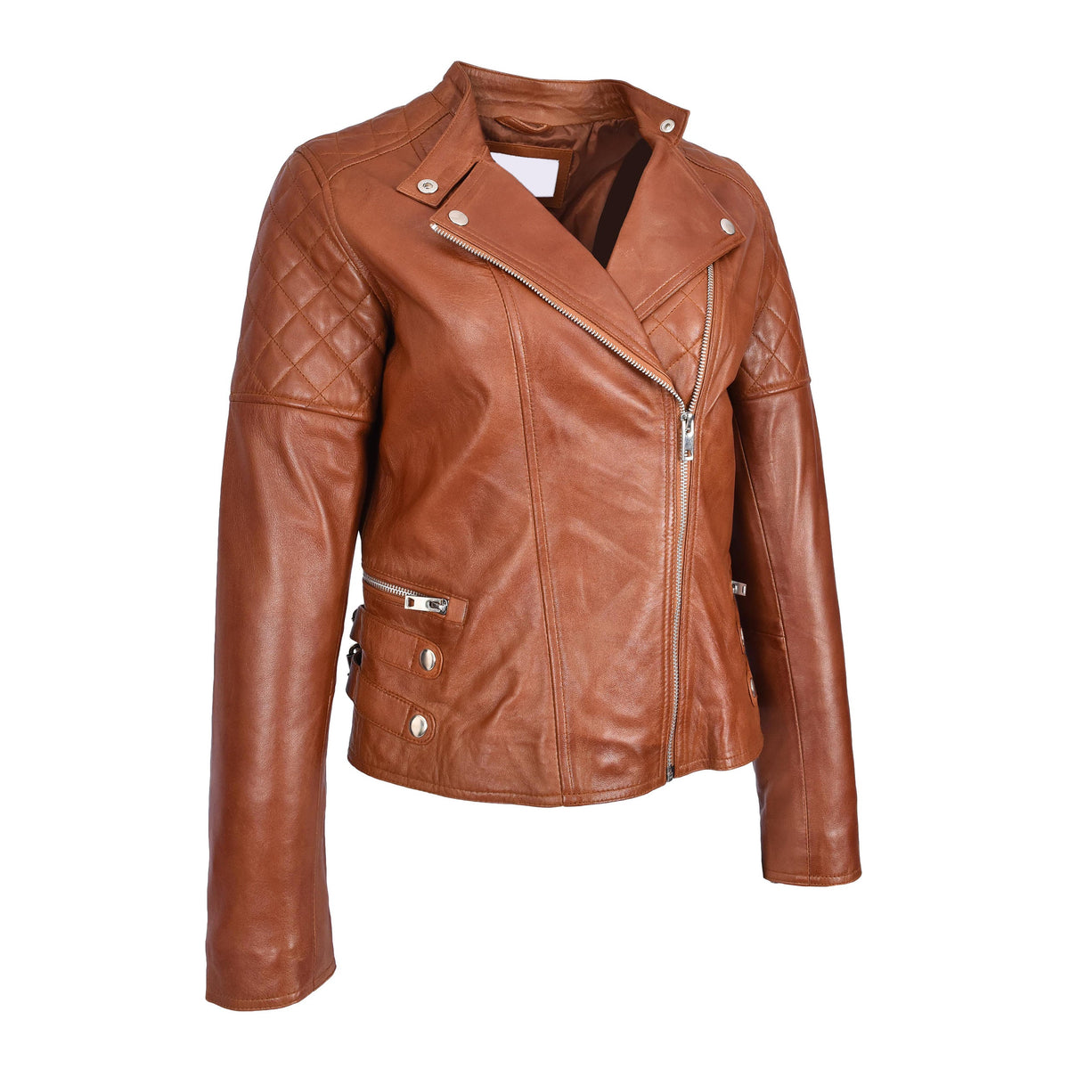 Womens Real Leather Biker Jacket Classic Cross Zip Style Molly Chestnut Tan - genuine leather jacket in tan with two outer zipped pockets for added convenience